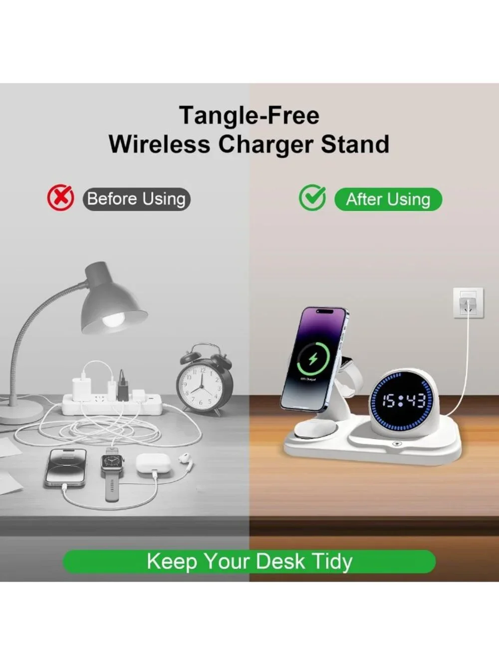 6-in-1 Wireless Charging Station & Bluetooth Speaker with Clock & Ambient Lights
